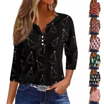 Женская модная повседневная футболка с пуговицами, V-образным вырезом, семью рукавами и рождественским принтом XXL