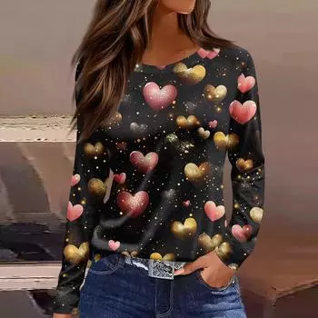 Женская модная повседневная футболка с разрезом и круглым вырезом, длинным рукавом, с принтом ко Дню святого Валентина, женская футболка L чёрный
