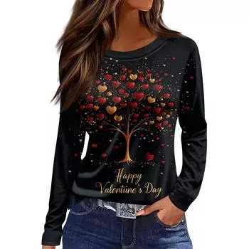 Женская модная повседневная футболка с разрезом и круглым вырезом, длинным рукавом и принтом ко Дню святого Валентина, женский топ L чёрный