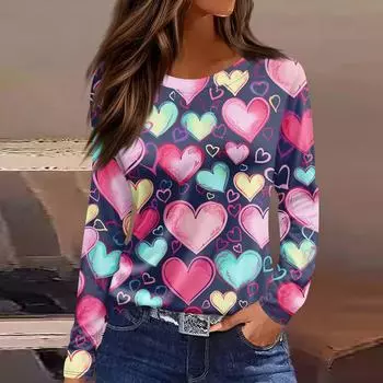 Женская модная повседневная футболка с разрезом и круглым вырезом, длинным рукавом, с принтом ко Дню святого Валентина, женская футболка L темно-фиолетового