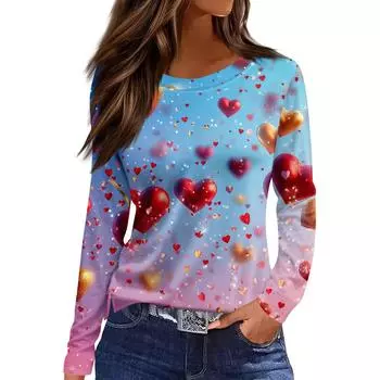 Женская модная повседневная футболка с разрезом и круглым вырезом, длинным рукавом и принтом ко Дню святого Валентина, женский топ L синий