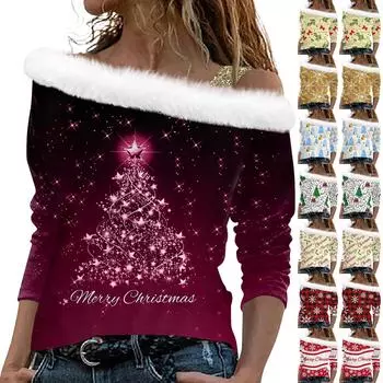 Женская модная повседневная футболка с разрезом и круглым вырезом, длинным рукавом и рождественским принтом, женский топ S бежевый