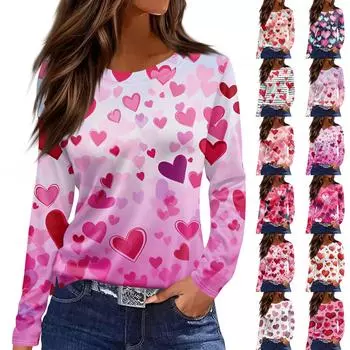 Женская модная повседневная футболка с разрезом и круглым вырезом, длинным рукавом, с принтом ко Дню святого Валентина, женская футболка XL красный