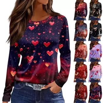 Женская модная повседневная футболка с разрезом и круглым вырезом, длинным рукавом и принтом ко Дню святого Валентина, женский топ L чёрный
