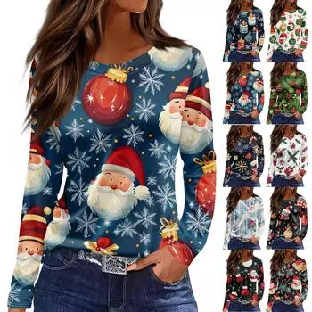 Женская модная повседневная футболка с разрезом и круглым вырезом, длинным рукавом, с рождественским принтом S