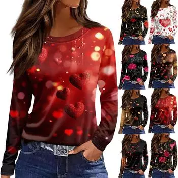 Женская модная повседневная футболка с разрезом и круглым вырезом, длинным рукавом и принтом ко Дню святого Валентина, женский топ L чёрный