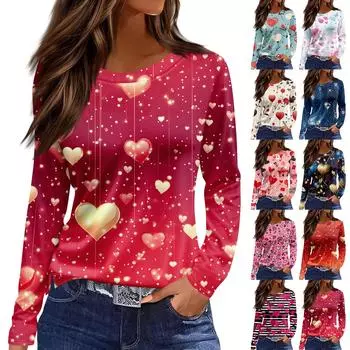 Женская модная повседневная футболка с разрезом и круглым вырезом, длинным рукавом и принтом ко Дню святого Валентина, женский топ XXXL розовый