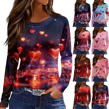Женская модная повседневная футболка с разрезом и круглым вырезом, длинным рукавом и принтом ко Дню святого Валентина, женский топ L