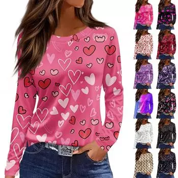 Женская модная повседневная футболка с разрезом и круглым вырезом, длинным рукавом, с принтом ко Дню святого Валентина, женская футболка XXL