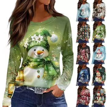 Женская модная повседневная футболка с разрезом и круглым вырезом, длинным рукавом, с рождественским принтом M зелёный