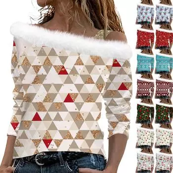 Женская модная повседневная футболка с разрезом и круглым вырезом, длинным рукавом и рождественским принтом, женский топ L