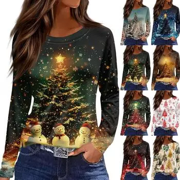 Женская модная повседневная футболка с разрезом и круглым вырезом, длинным рукавом, с рождественским принтом L