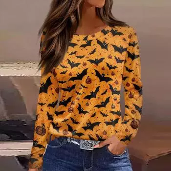 Женская модная повседневная футболка с разрезом по низу, круглым вырезом, длинными рукавами, свободного кроя, с принтом на Хэллоуин L