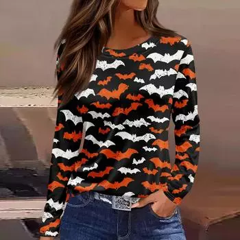 Женская модная повседневная футболка с разрезом по подолу, принтом на Хэллоуин, круглым вырезом и длинным рукавом XL коричневый