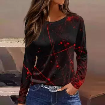 Женская модная повседневная футболка с разрезом по подолу, принтом на Хэллоуин, круглым вырезом и длинным рукавом XL чёрный
