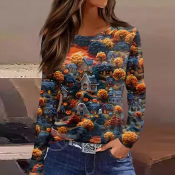 Женская модная повседневная футболка с разрезом по низу, круглым вырезом, длинными рукавами, свободного кроя, с принтом на Хэллоуин XXL