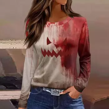 Женская модная повседневная футболка с разрезом по низу, круглым вырезом, длинными рукавами, свободного кроя, с принтом на Хэллоуин XL бежевый