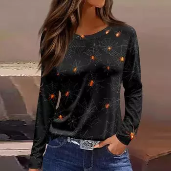 Женская модная повседневная футболка с разрезом по низу, круглым вырезом, длинными рукавами, свободного кроя, с принтом на Хэллоуин M чёрный