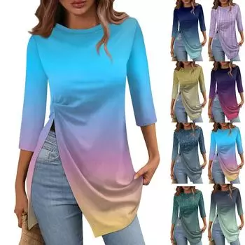 Женская модная повседневная футболка с разрезом подол, круглый вырез, рукав 3/4, короткий рукав L синий