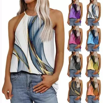 Женская модная повседневная футболка с регулируемыми бретелями без рукавов и принтом, топ XL синий