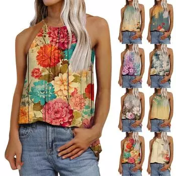 Женская модная повседневная футболка с регулируемыми бретелями без рукавов и принтом, топ L бежевый