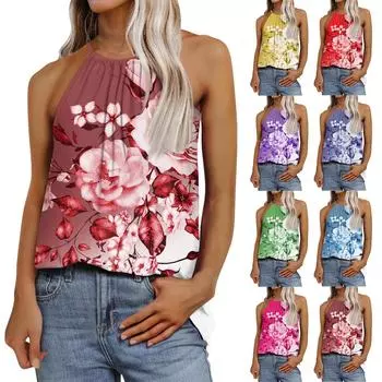 Женская модная повседневная футболка с регулируемыми бретелями без рукавов и принтом, топ L синий