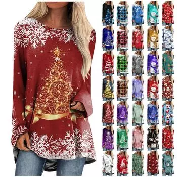 Женская модная повседневная футболка с рождественским принтом и длинным рукавом, круглый вырез, средний длинный топ L синий