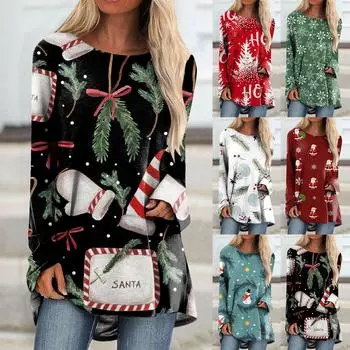 Женская модная повседневная футболка с рождественским принтом и длинным рукавом, круглый вырез, средний длинный топ XXXL зелёный