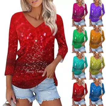 Женская модная повседневная футболка с рождественским принтом и V-образным вырезом, семь рукавов S