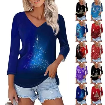 Женская модная повседневная футболка с рождественским принтом и V-образным вырезом, семь рукавов S винный