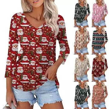Женская модная повседневная футболка с рождественским принтом и V-образным вырезом, семь рукавов S