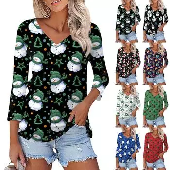 Женская модная повседневная футболка с рождественским принтом и V-образным вырезом, семь рукавов M