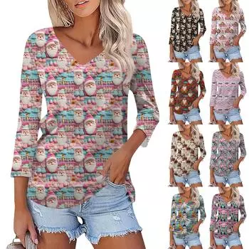 Женская модная повседневная футболка с рождественским принтом и V-образным вырезом, семь рукавов XL чёрный