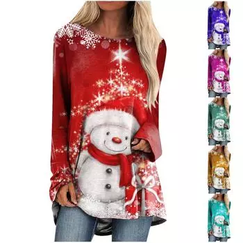 Женская модная повседневная футболка с рождественским принтом, длинный рукав, круглый вырез, топ средней длины XXL зелёный