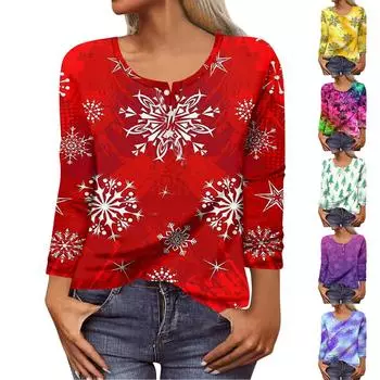 Женская модная повседневная футболка с рождественским принтом и длинными рукавами на пуговицах M