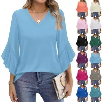 Женская модная повседневная футболка с рукавами-семью, однотонным верхом и V-образным вырезом, расклешенными рукавами XL чёрный