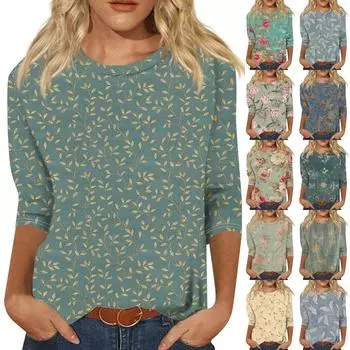 Женская модная повседневная футболка с рукавом 3/4 и пуловером с круглым вырезом и принтом L