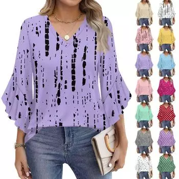 Женская модная повседневная футболка с рукавом семь минут, винтажный узор в горошек, V-образный вырез, расклешенные рукава XXL фиолетовый