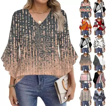 Женская модная повседневная футболка с рукавом семь минут в стиле ретро с цветными блоками и принтом, V-образным вырезом, расклешенными рукавами S