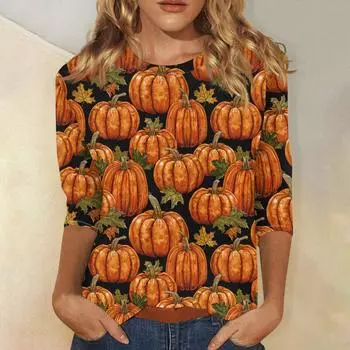 Женская модная повседневная футболка с рукавом три четверти и принтом на Хэллоуин, с круглым вырезом XXL золотой