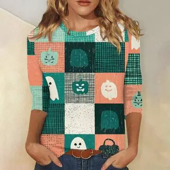 Женская модная повседневная футболка с рукавом три четверти и принтом на Хэллоуин, с круглым вырезом XXL зелёный