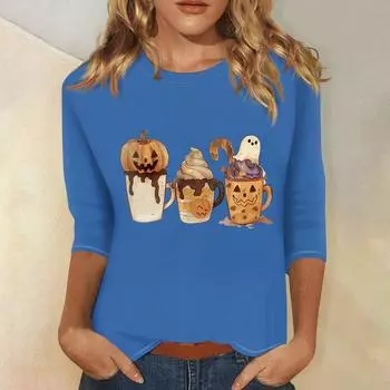 Женская модная повседневная футболка с рукавом три четверти и принтом на Хэллоуин, с круглым вырезом XXL синий