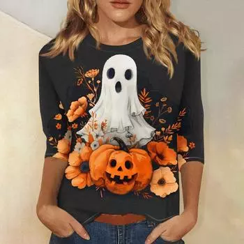 Женская модная повседневная футболка с рукавом три четверти и принтом на Хэллоуин, с круглым вырезом XL чёрный