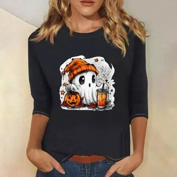 Женская модная повседневная футболка с рукавом три четверти и принтом на Хэллоуин, с круглым вырезом XL чёрный