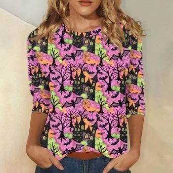 Женская модная повседневная футболка с рукавом три четверти и принтом на Хэллоуин, с круглым вырезом M