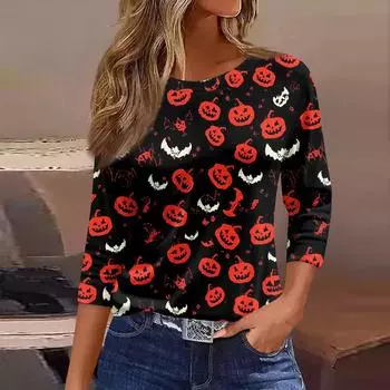 Женская модная повседневная футболка с рукавом три четверти и принтом на Хэллоуин, с круглым вырезом XXL чёрный