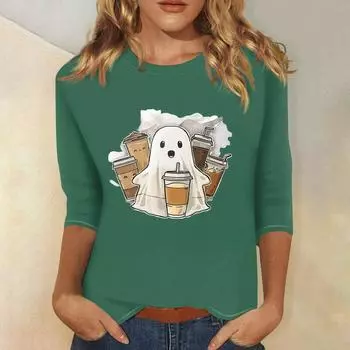 Женская модная повседневная футболка с рукавом три четверти и принтом на Хэллоуин, с круглым вырезом XXL зелёный