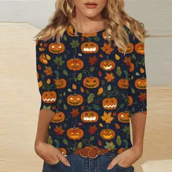 Женская модная повседневная футболка с рукавом три четверти и принтом на Хэллоуин, с круглым вырезом XL
