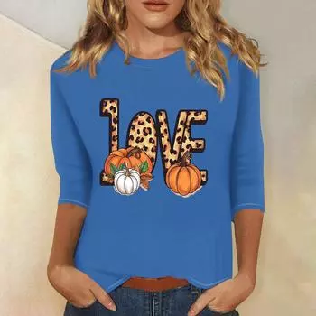 Женская модная повседневная футболка с рукавом три четверти и принтом на Хэллоуин, с круглым вырезом XXL синий