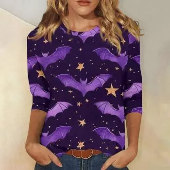 Женская модная повседневная футболка с рукавом три четверти и принтом на Хэллоуин, с круглым вырезом XL фиолетовый